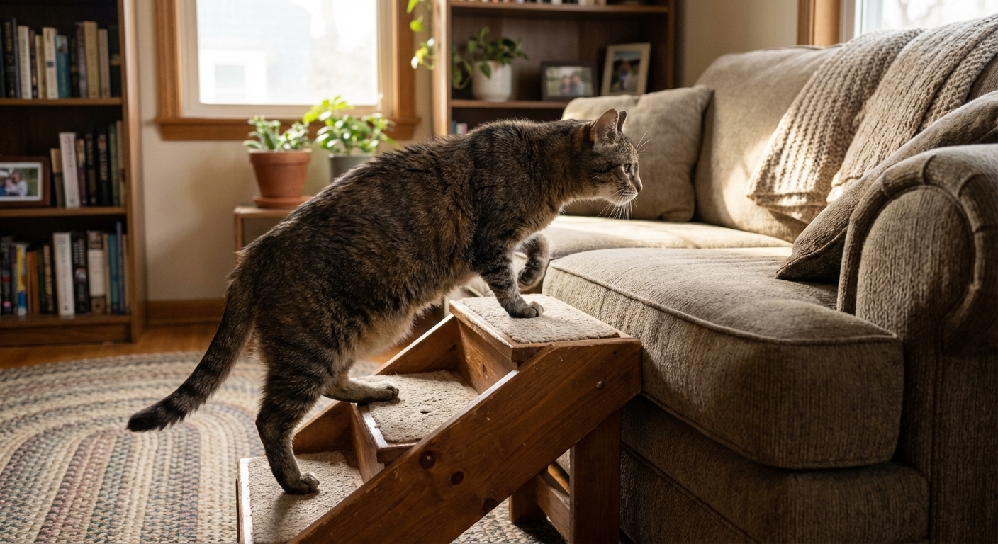 A senior domestic shorthair cat carefully walking up small pet stairs to a couch in a cozy living room, realistic photography style