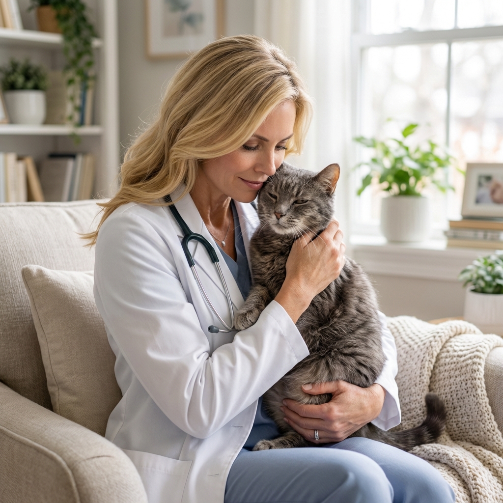 A senior gray cat being gently held by a caregiver in a quiet living room