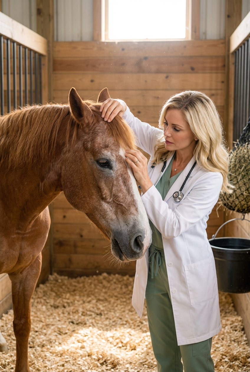 A senior horse standing quietly in a clean stall while a handler gently lifts the horse's forelock to check the eyes