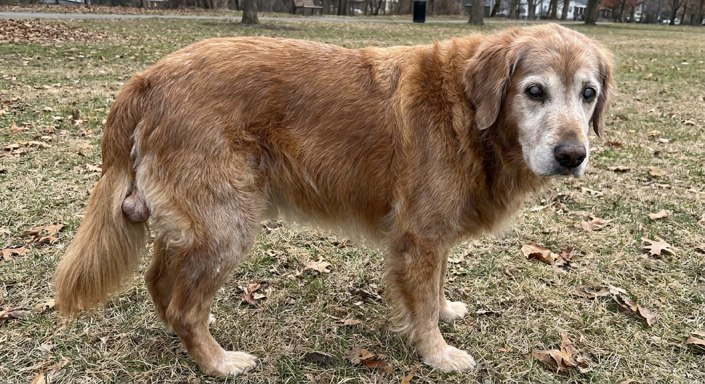 A senior male dog with a visible one-sided swelling beside the anus while standing outdoors