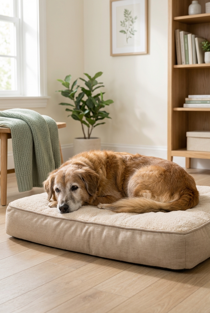 A senior mixed-breed dog lying on an orthopedic bed in a quiet living room with a folded blanket nearby