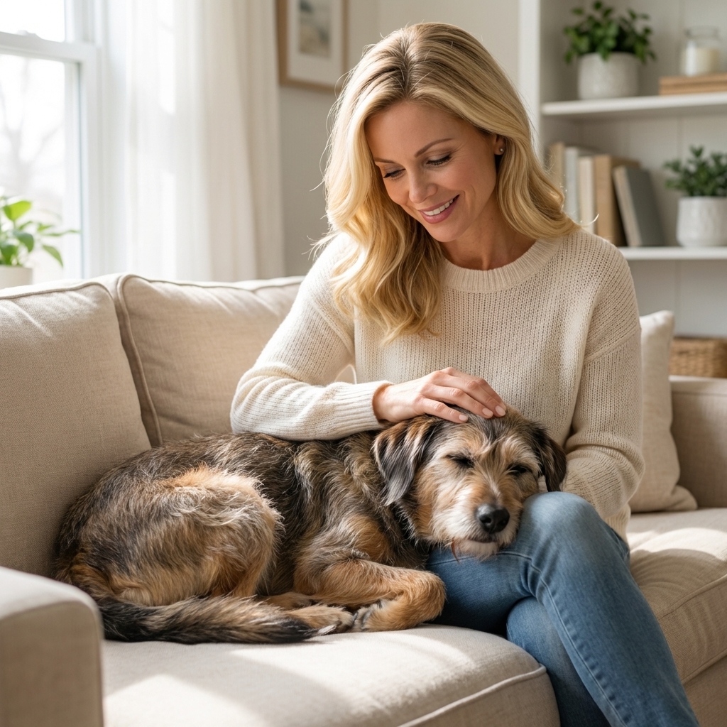 A senior mixed-breed dog resting calmly on a couch while their owner gently pets them, soft natural window light, photorealistic lifestyle pet photography