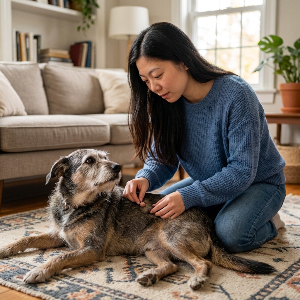 A senior mixed-breed dog resting on a living room rug while a person gently parts the fur to check a small lump on the dog’s side