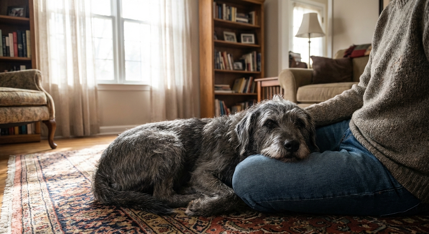A senior mixed-breed dog resting on a living room rug with its head on the owner’s lap, soft window light, calm intimate realistic photograph