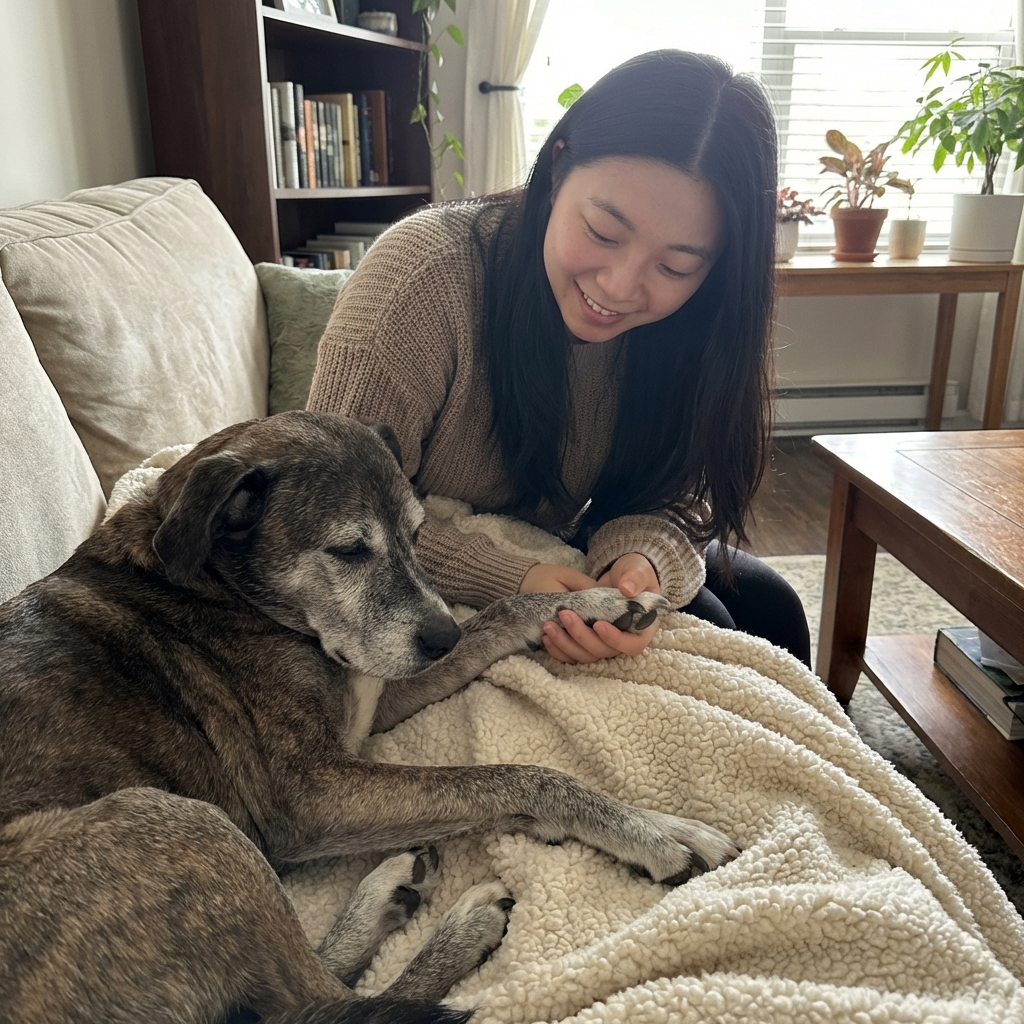 A senior mixed-breed dog resting on a soft blanket while a person gently holds the dog’s paw in a quiet living room