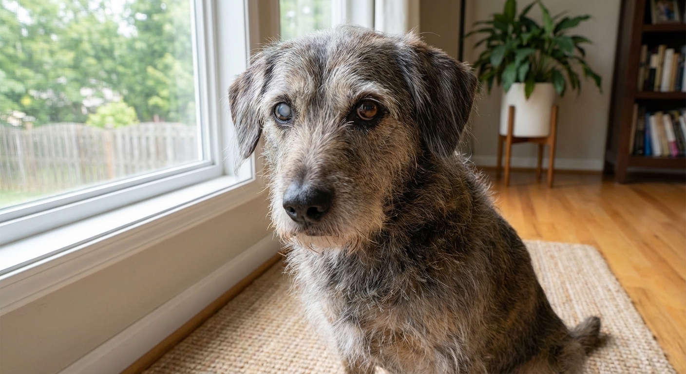 A senior mixed-breed dog sitting indoors near a window with one eye appearing cloudy