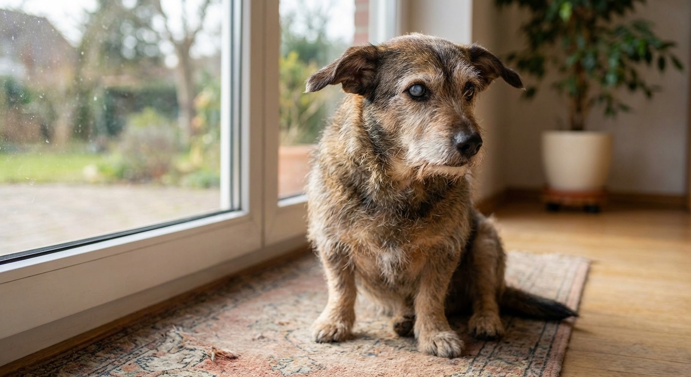 A senior mixed-breed dog sitting indoors near a window with one eye showing a mild blue-gray haze, shallow depth of field, natural light, photorealistic