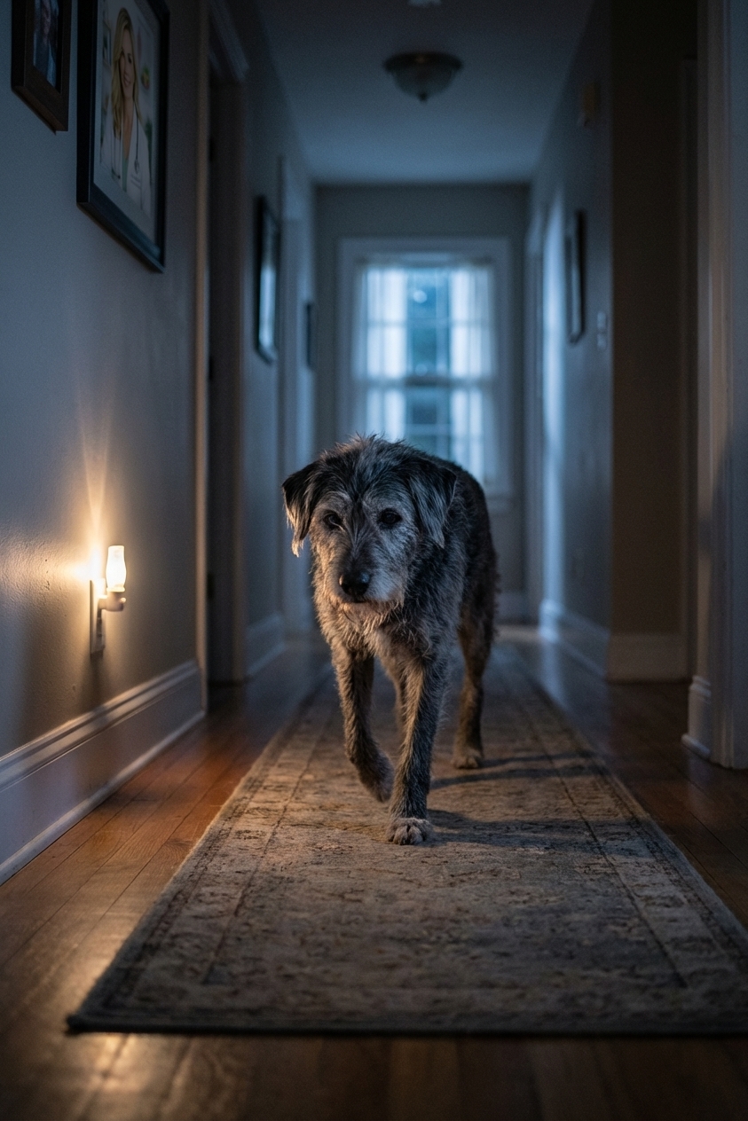 A senior mixed-breed dog walking slowly down a dim hallway at night in a quiet home, realistic photography style