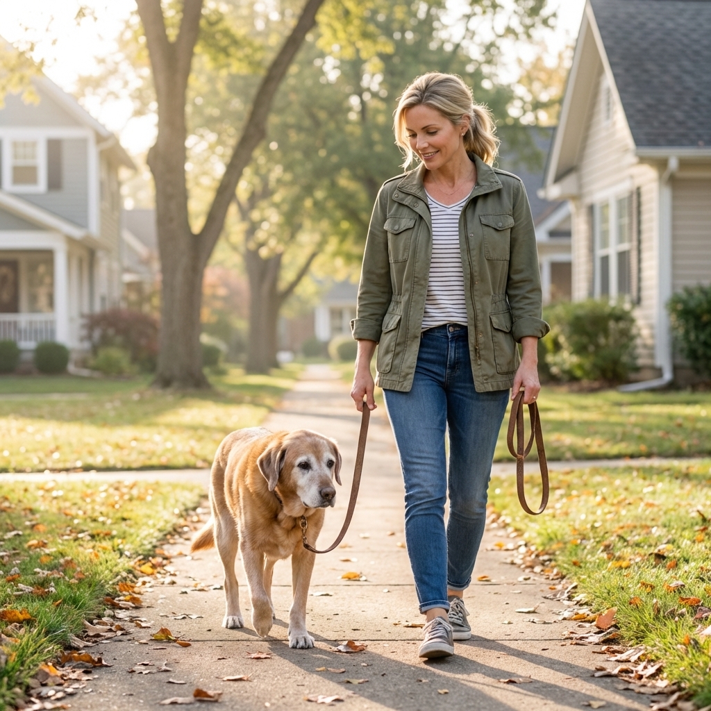 A senior mixed-breed dog walking slowly on a sidewalk beside an owner holding a leash, candid outdoor photo with soft morning light