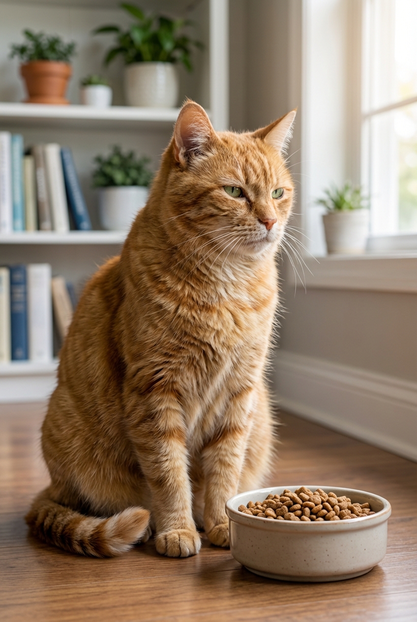 A senior orange cat sitting beside a food bowl and looking away