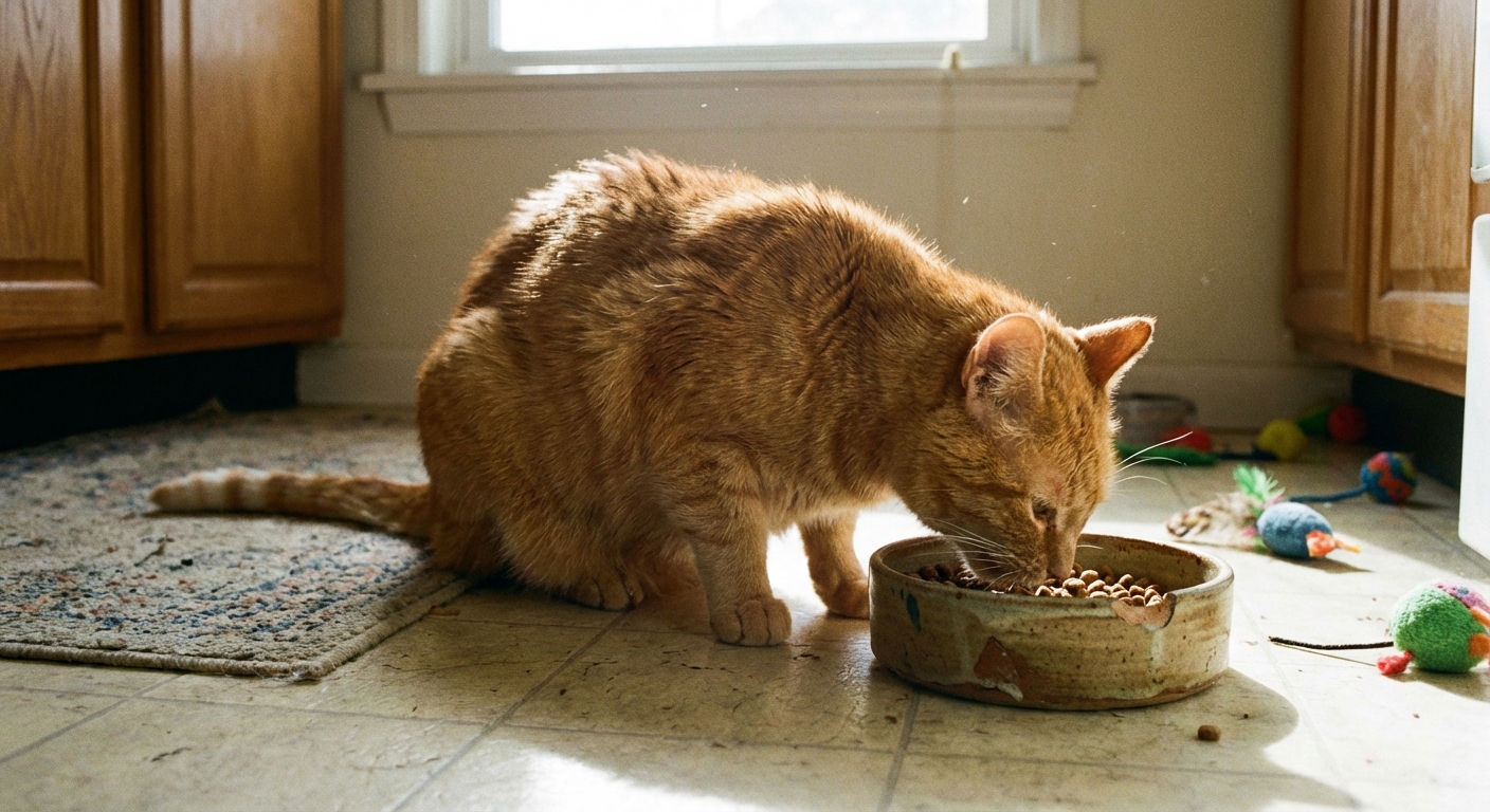 A senior orange tabby cat eating from a ceramic bowl on a kitchen floor