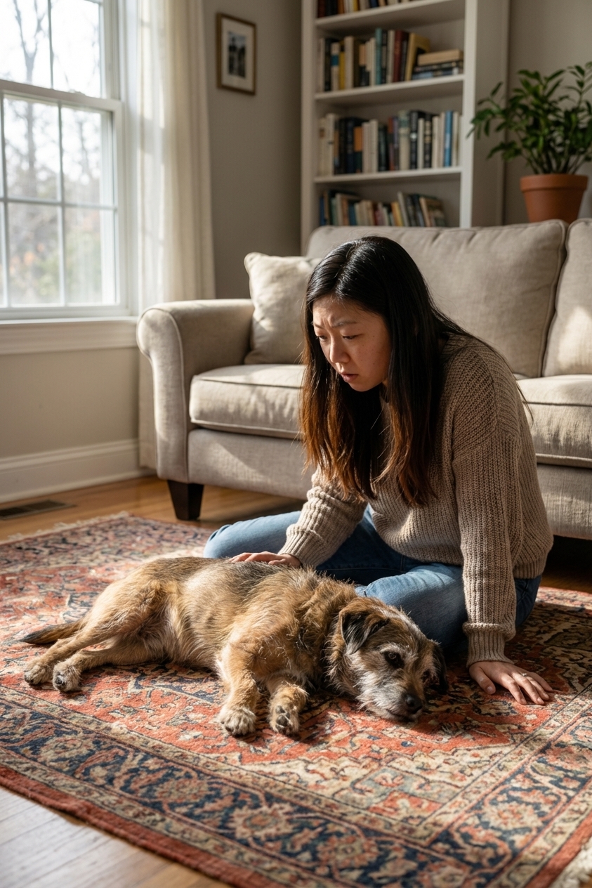 A senior small dog lying on a living room rug with noticeable chest movement while breathing, owner nearby watching closely, natural indoor lighting, photorealistic