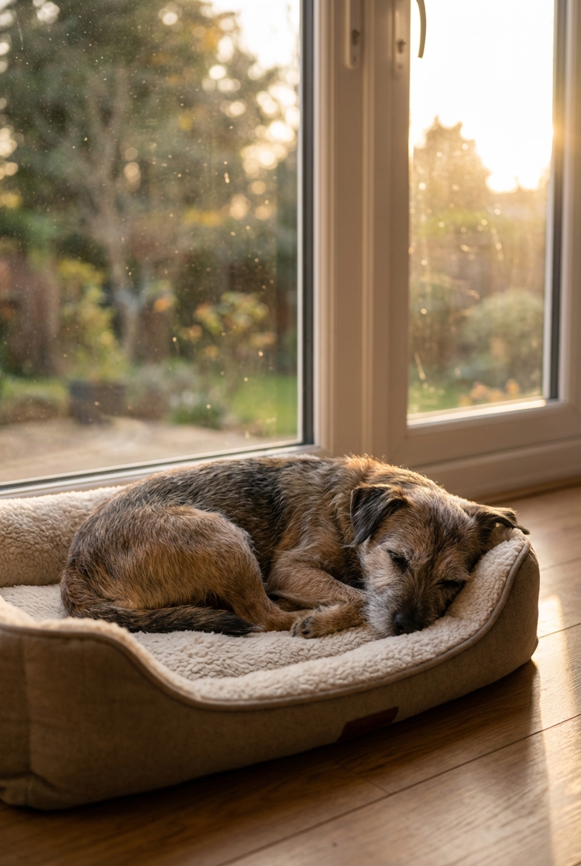 A senior small dog resting on a dog bed near a window in soft evening light