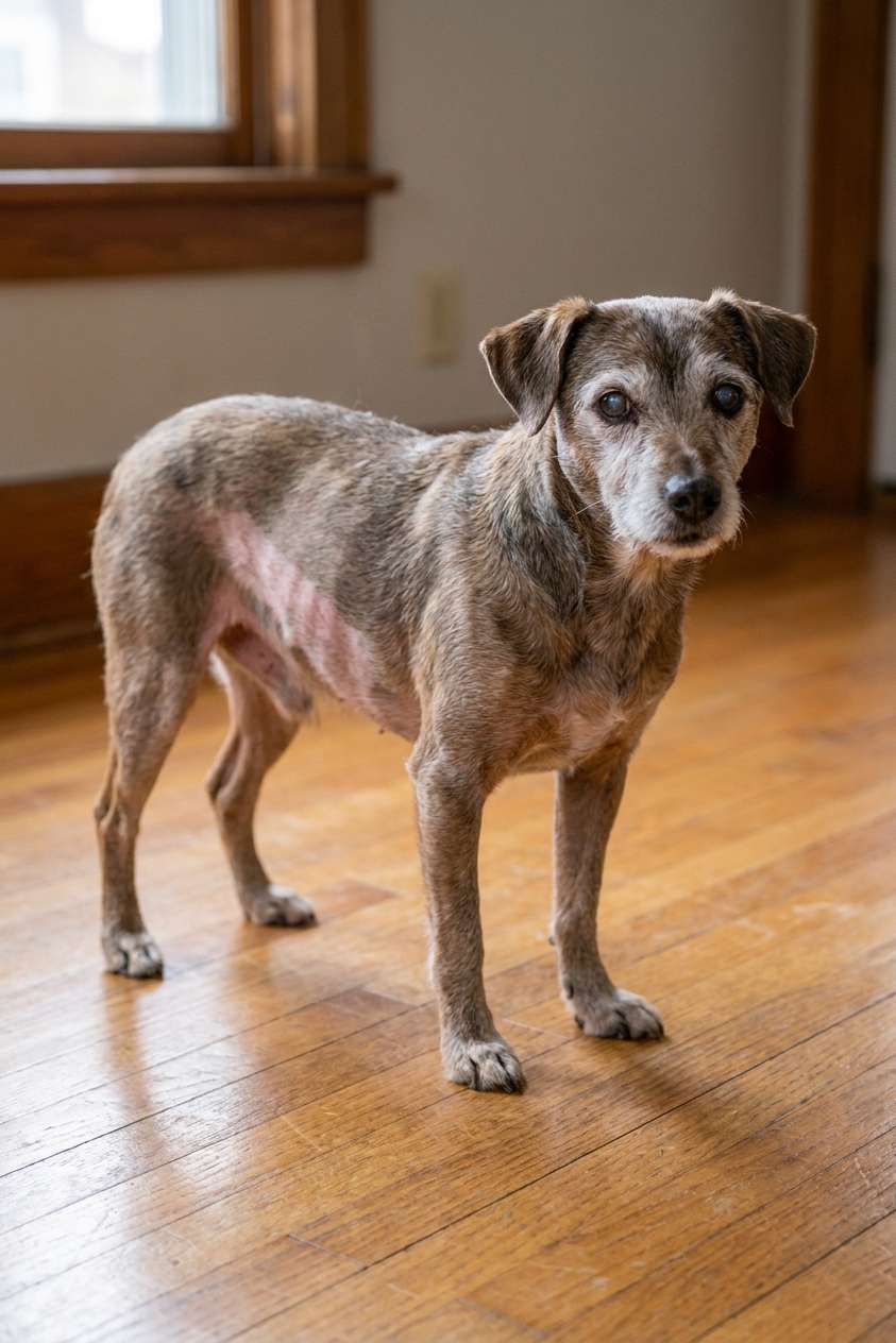 A senior small dog standing on a hardwood floor with noticeable thinning hair on both sides of the torso and a sparse belly coat, realistic photography style