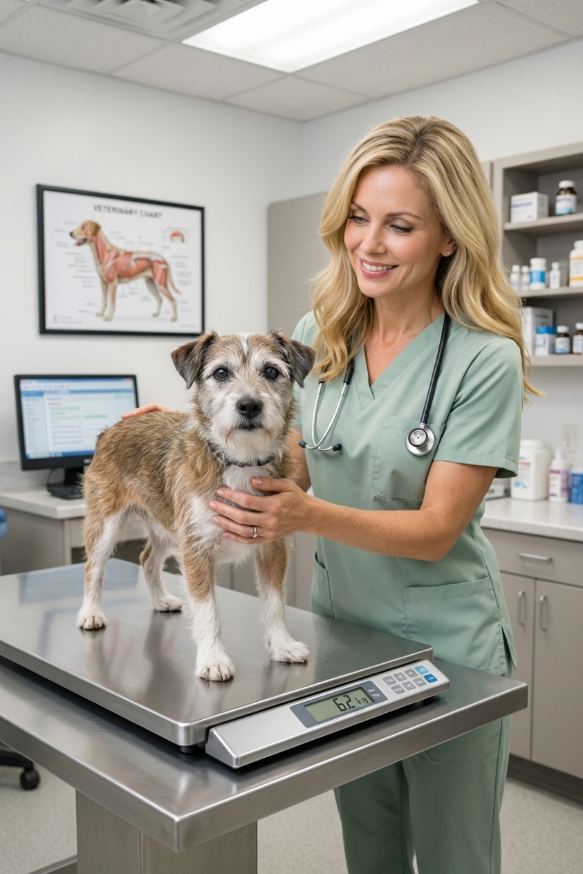 A senior small dog standing on a veterinary clinic scale with a handler gently steadying the dog, bright clean exam room, photorealistic