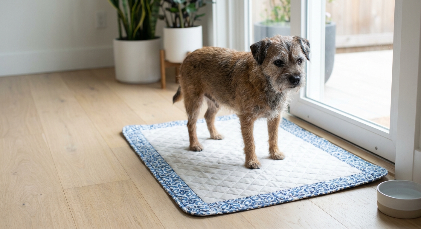 A senior small dog standing on a washable pee pad in a clean indoor area near a back door