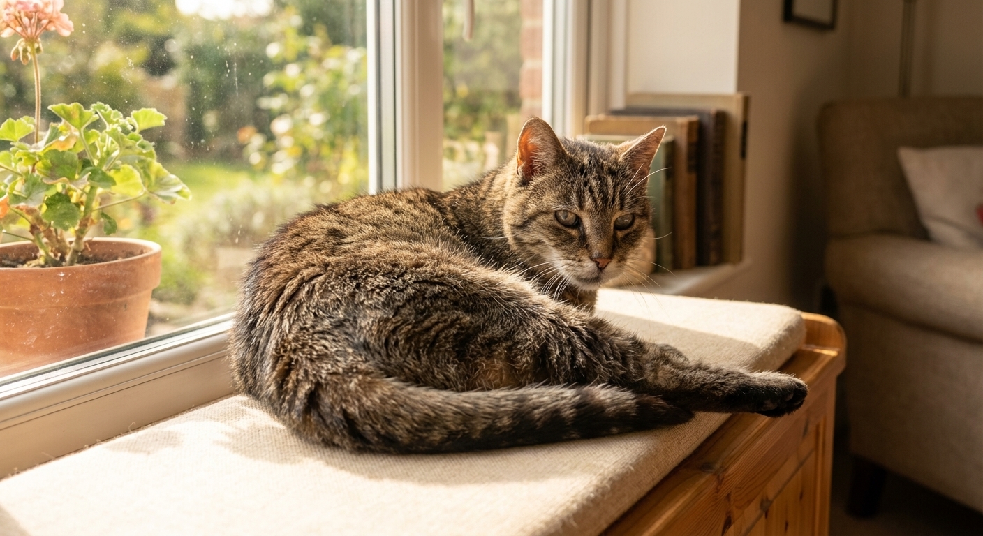 A senior tabby cat resting on a sunny window perch at home, looking relaxed but slightly stiff in the hind legs, realistic photography style
