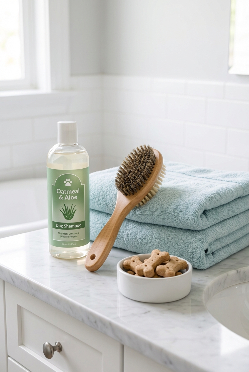 A set of dog bathing supplies on a bathroom counter including dog shampoo, a brush, towels, and small treats in a bowl
