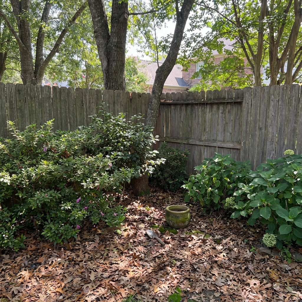 A shaded corner of a backyard with leaf litter under shrubs and a wooden fence