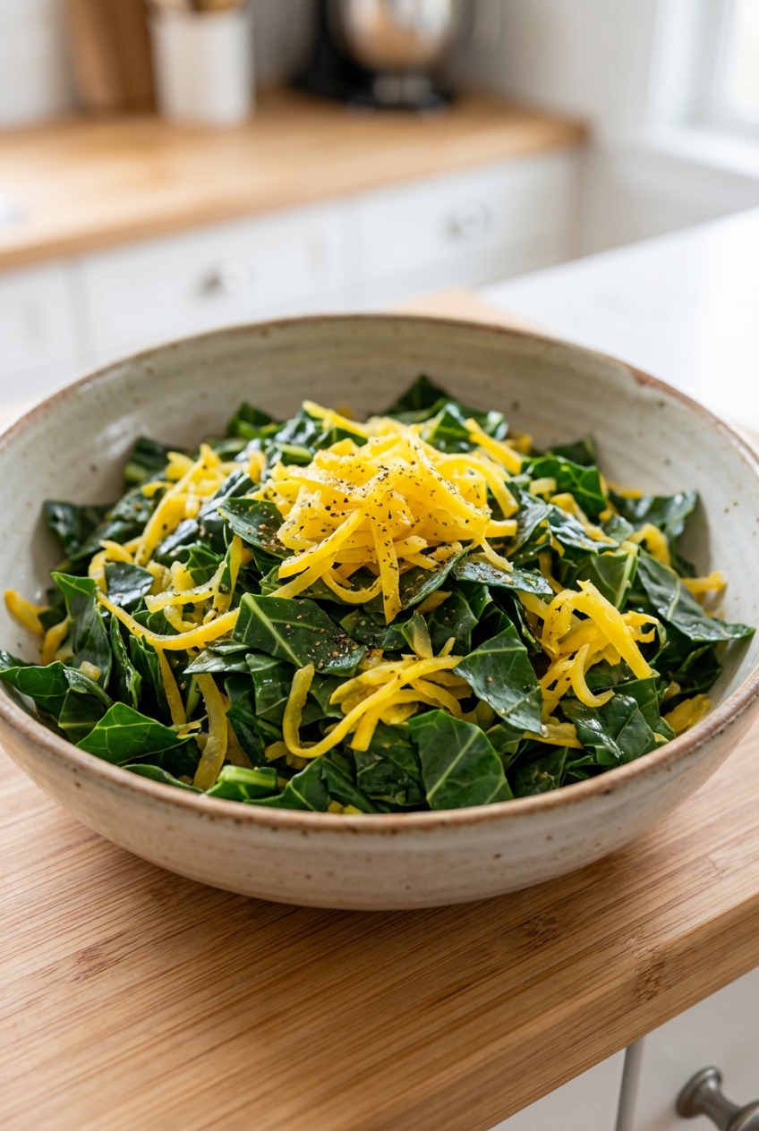 A shallow bowl filled with chopped collard greens and shredded squash