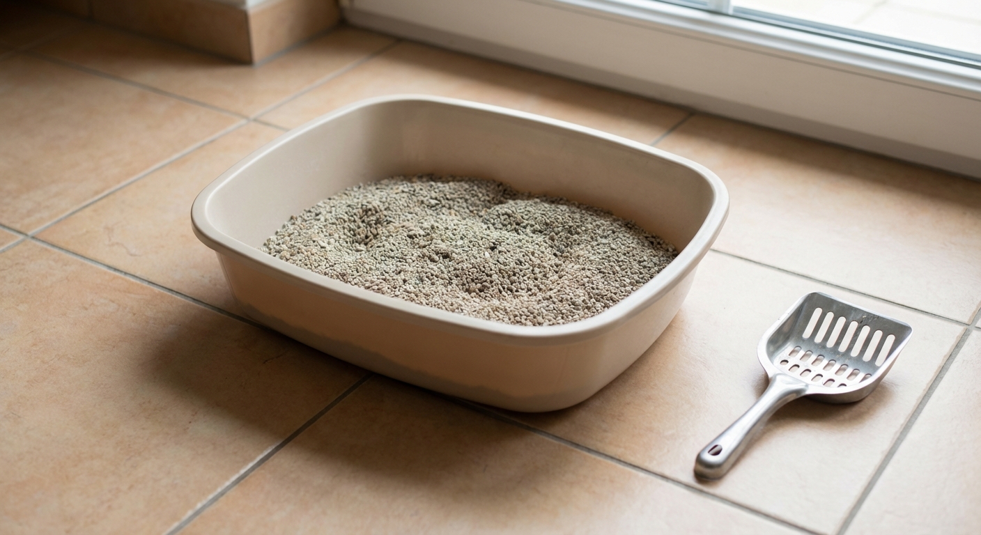A shallow, open litter box on a tiled floor with a small scoop beside it