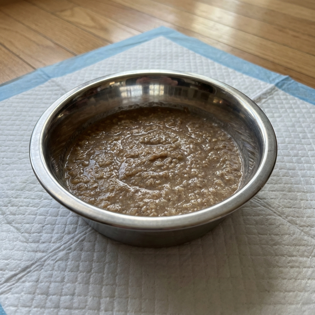 A shallow stainless steel dish filled with softened puppy food gruel on a washable puppy pad