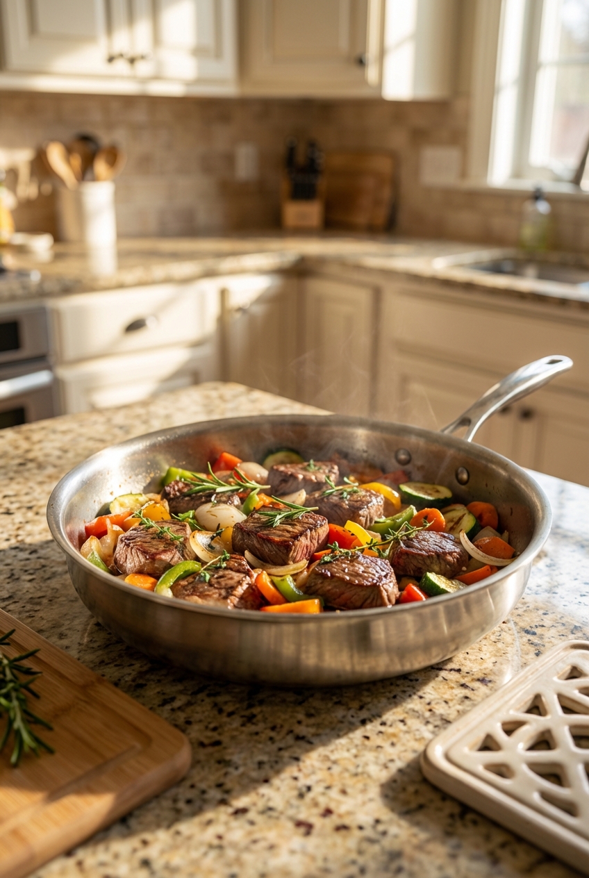 A shallow stainless steel pan of cooked meat and vegetables cooling on a kitchen counter