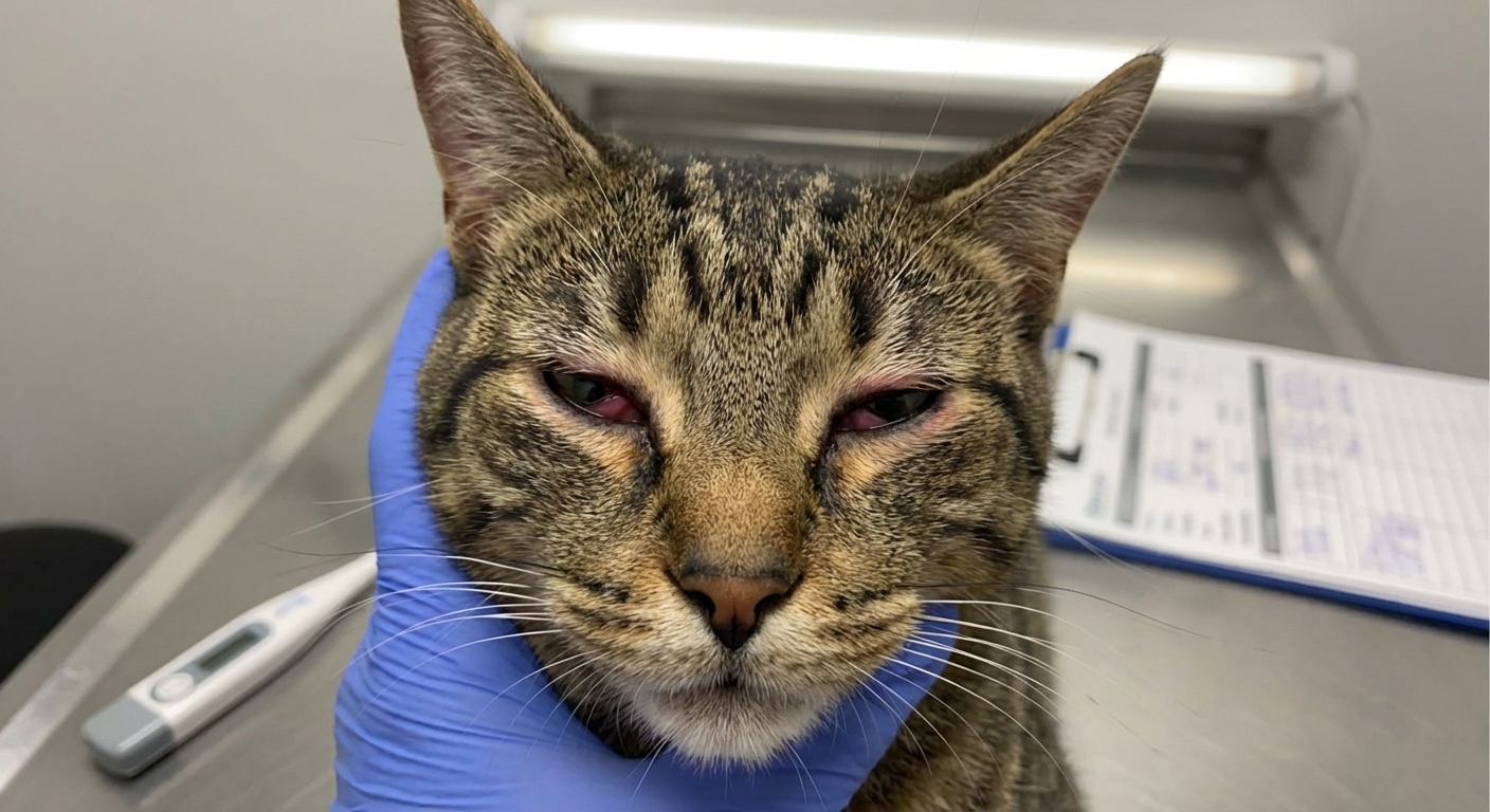 A sharp, photorealistic close-up of a tabby cat’s face with noticeable conjunctival redness and mild eyelid swelling, the cat squinting slightly, indoor veterinary exam room lighting