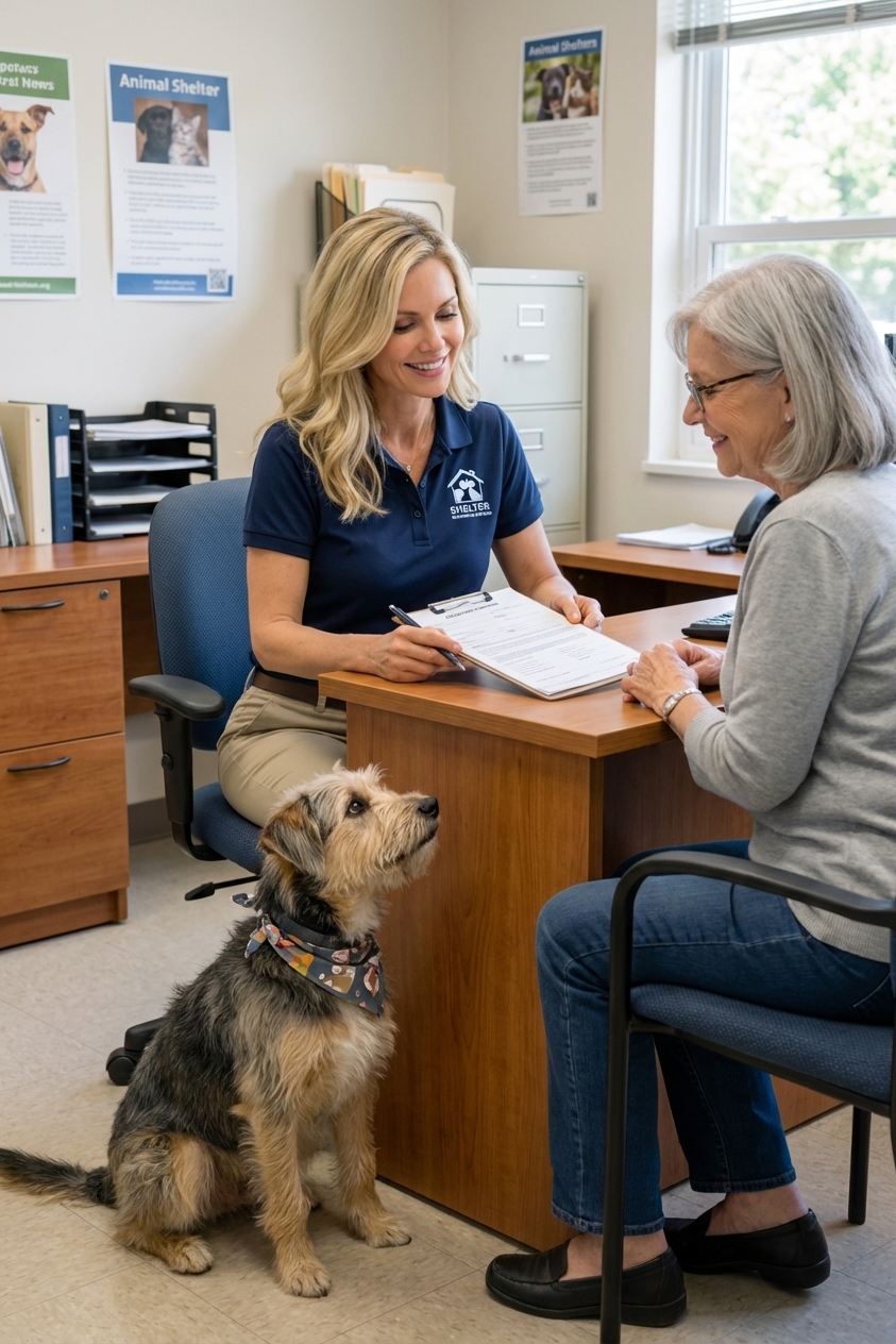 A shelter adoption counselor reviewing paperwork with an older adult at a desk while a calm adult dog sits beside them, real photography style