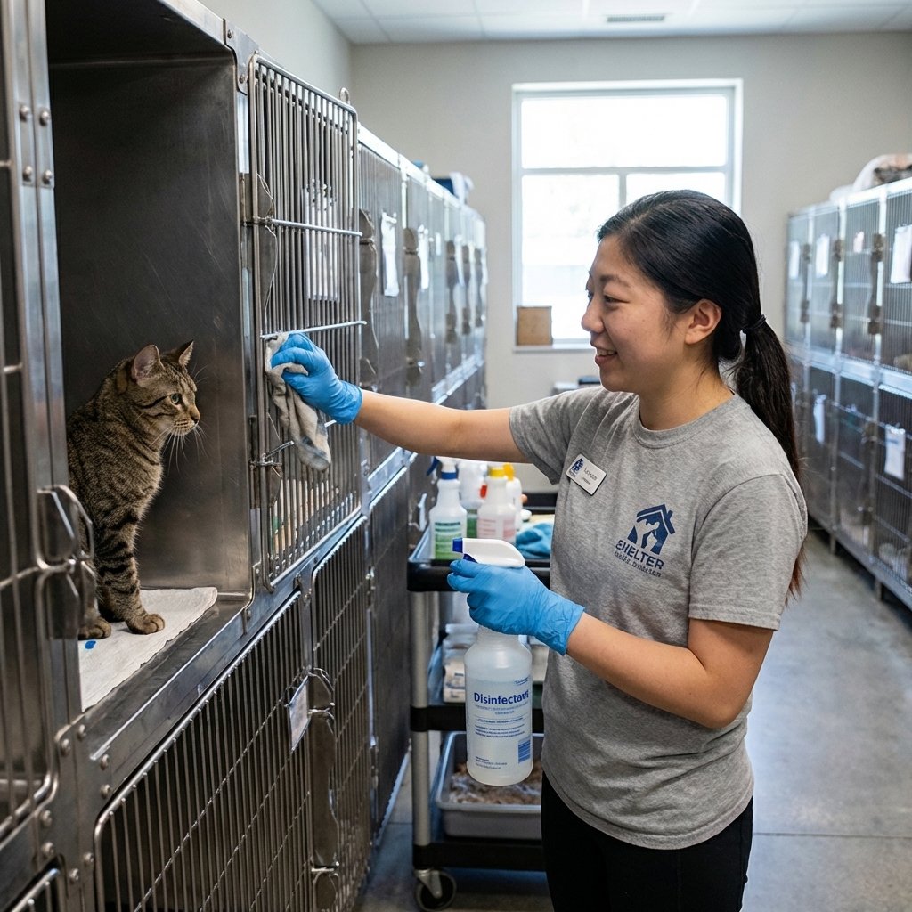 A shelter staff member wearing gloves cleaning a cat kennel with disinfectant in an animal shelter hallway, realistic documentary photography
