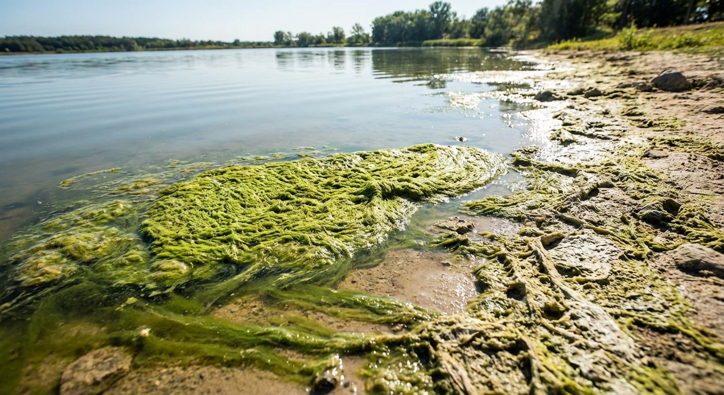 A shoreline with thick green scum and streaks of algae collecting along the edge of a calm lake on a hot sunny day, real photo style