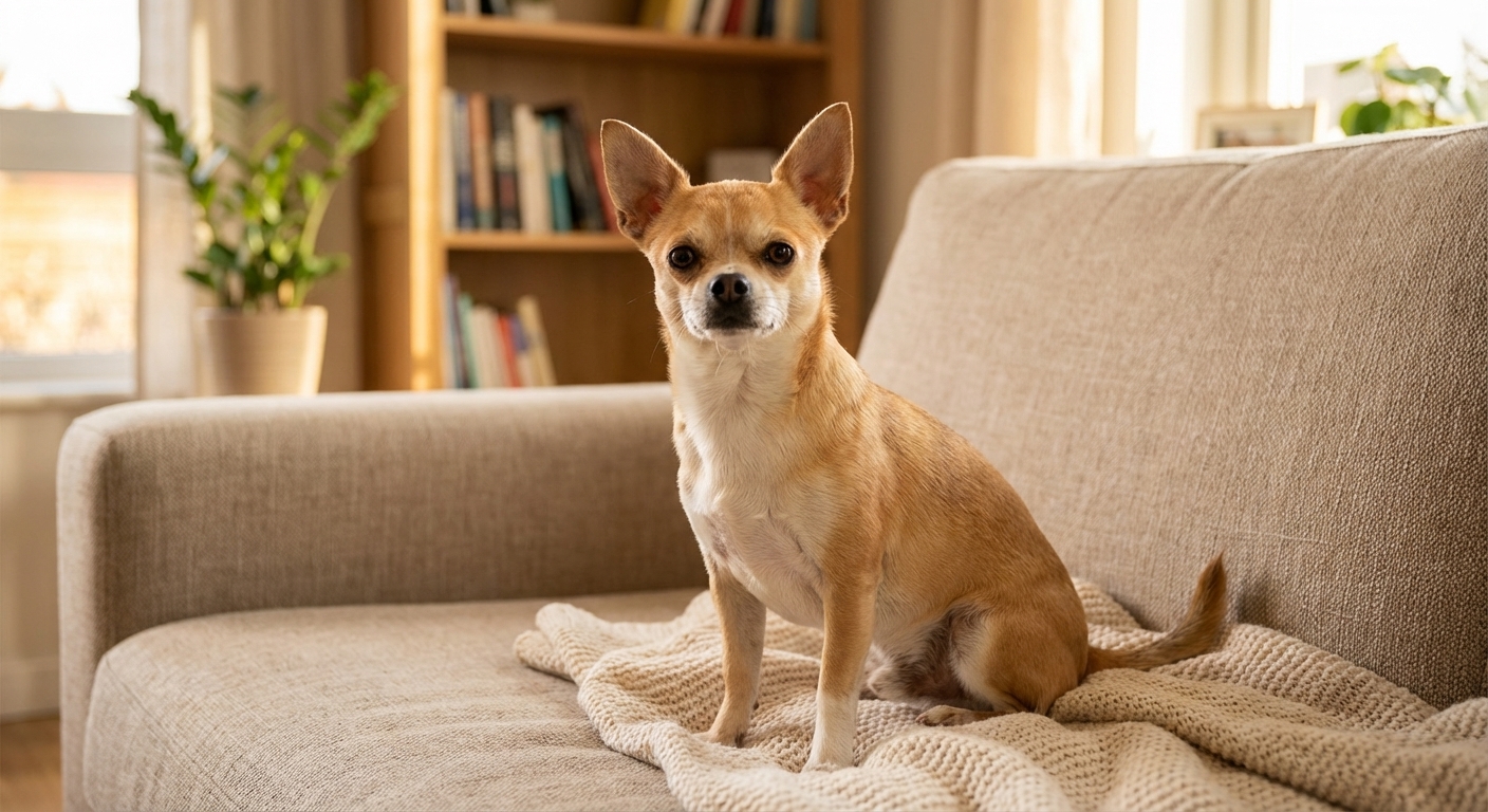 A short-haired Chihuahua sitting alert on a cozy living room sofa, looking toward the camera