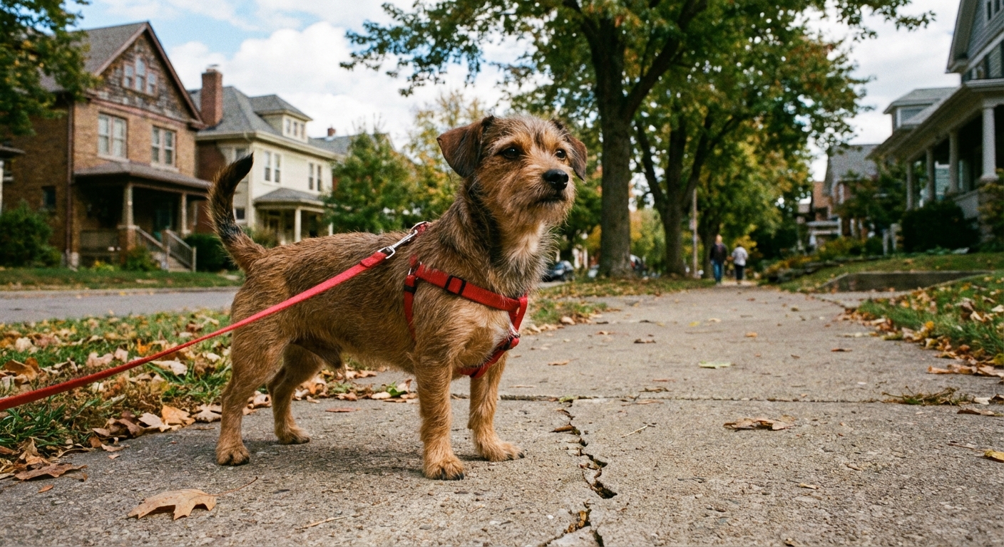 A short-haired Chiweenie standing on a sidewalk during a neighborhood walk