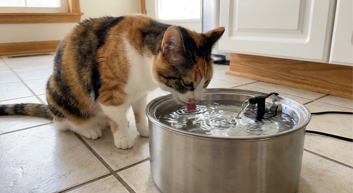 A short-haired cat drinking from a stainless steel water fountain on a kitchen floor