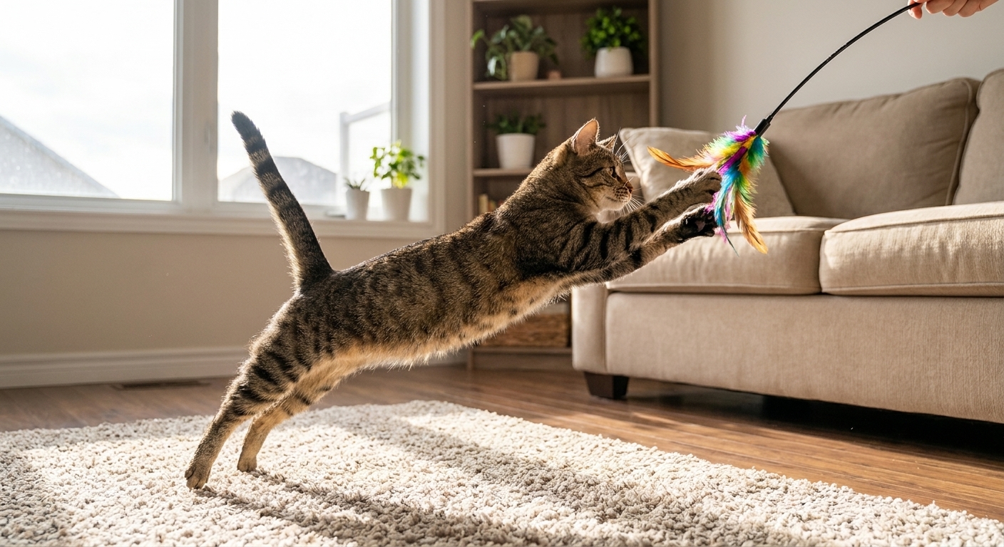 A short-haired cat jumping for a feather wand toy in a living room, action pet photography style