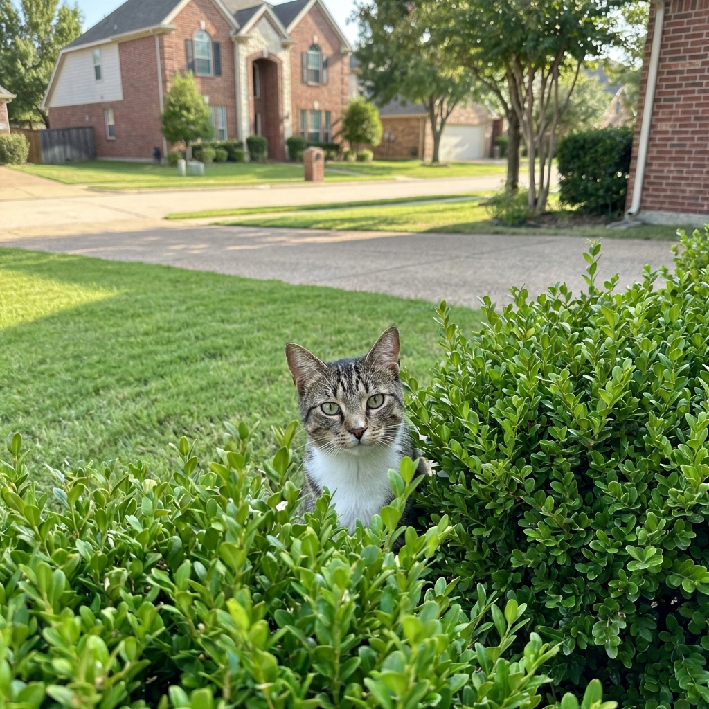 A short-haired cat peeking from behind shrubs in a suburban yard
