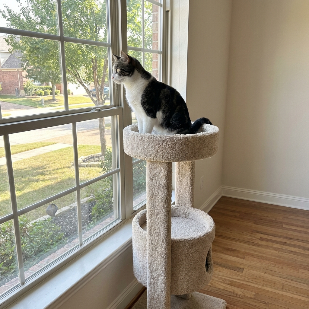 A short-haired cat perched confidently on the top platform of a tall cat tree near a window
