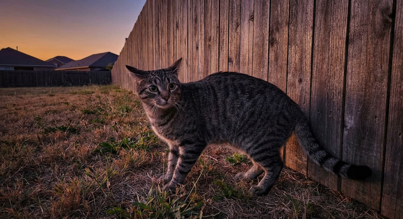 A short-haired cat sitting near a fence at dusk, ears angled back and body tense