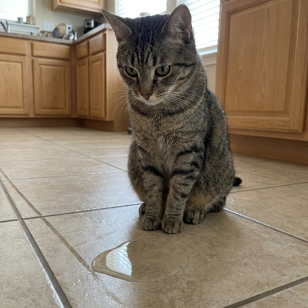 A short-haired cat sitting near a small puddle of liquid on a tile floor