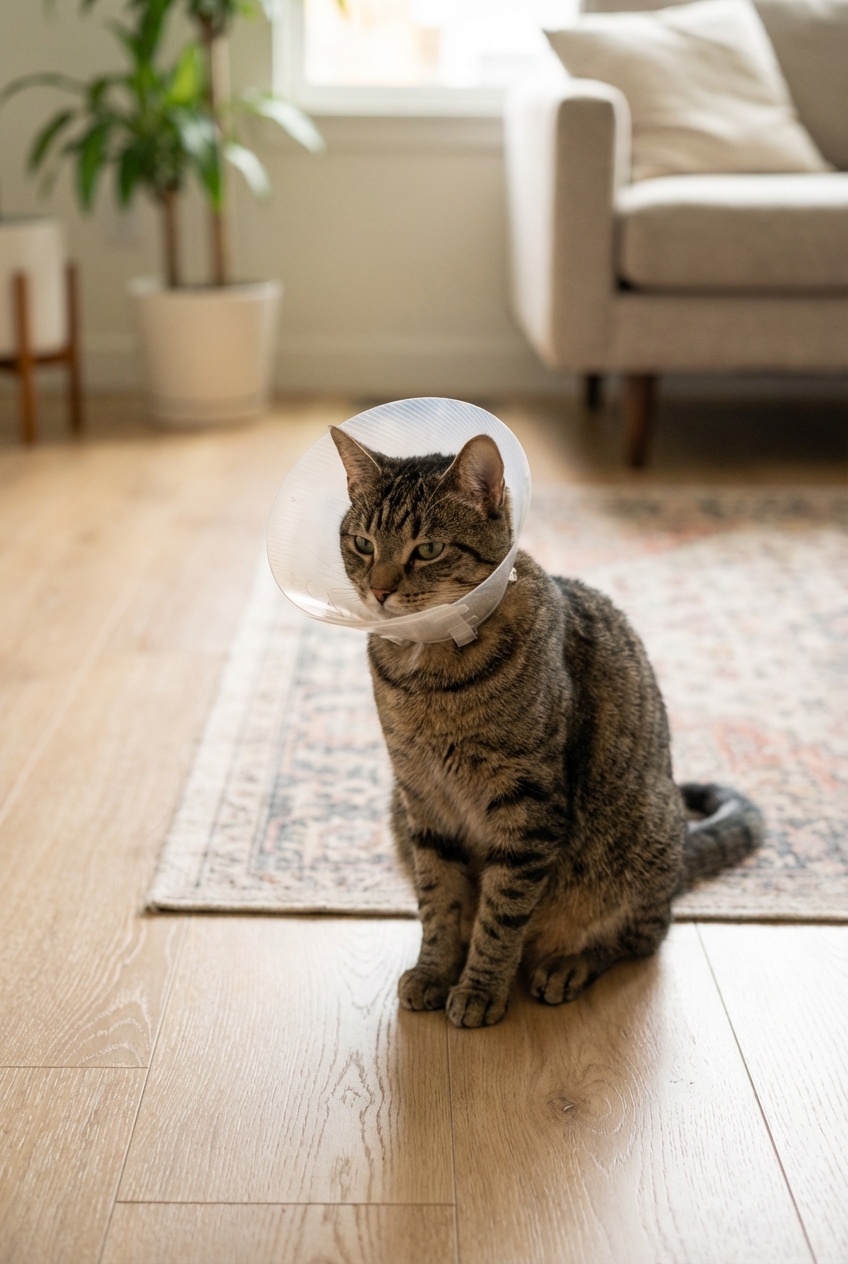 A short-haired cat wearing a plastic e-collar while sitting calmly on a living room floor