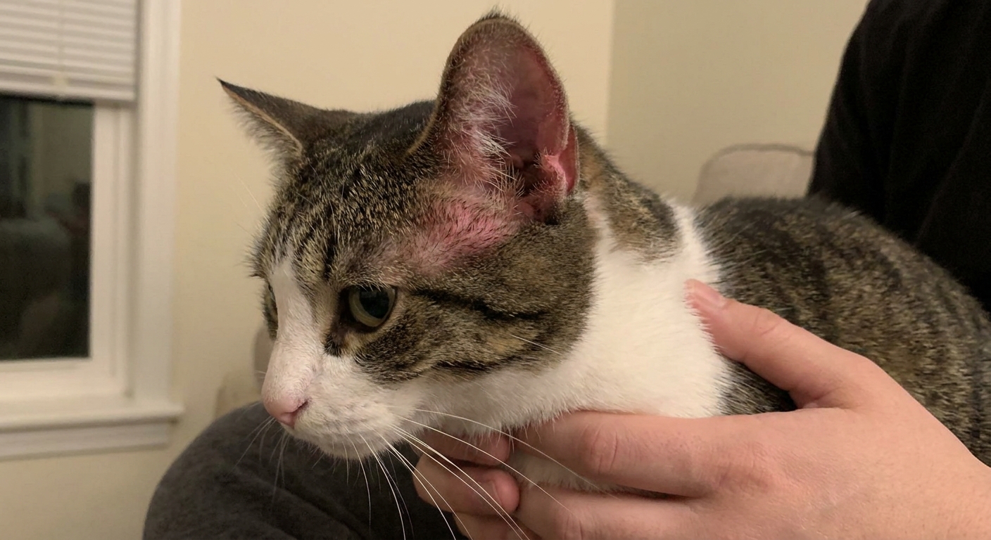 A short-haired domestic cat being gently held while one ear flap looks visibly swollen and puffy