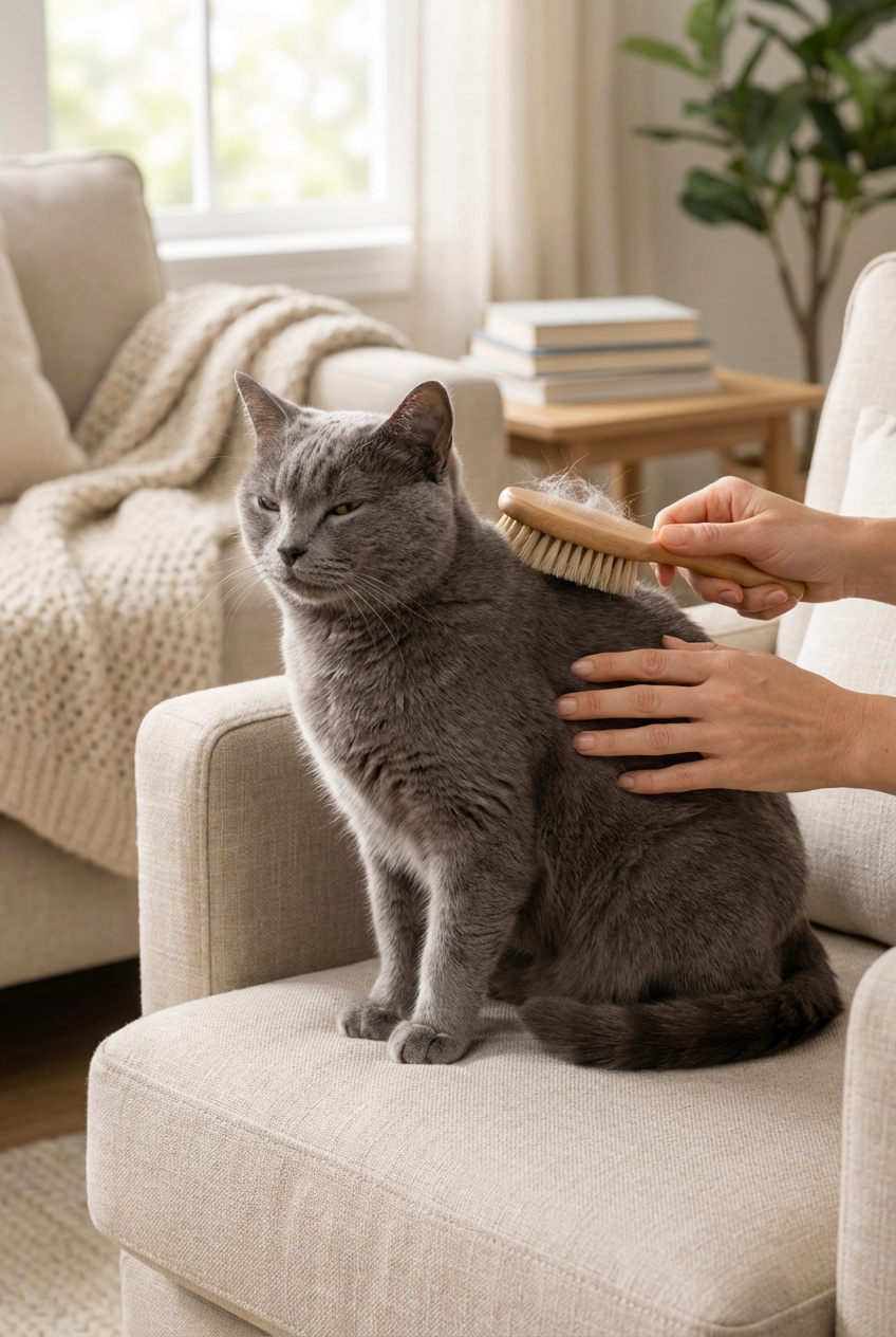 A short-haired gray cat being gently brushed with a soft grooming brush in a quiet home