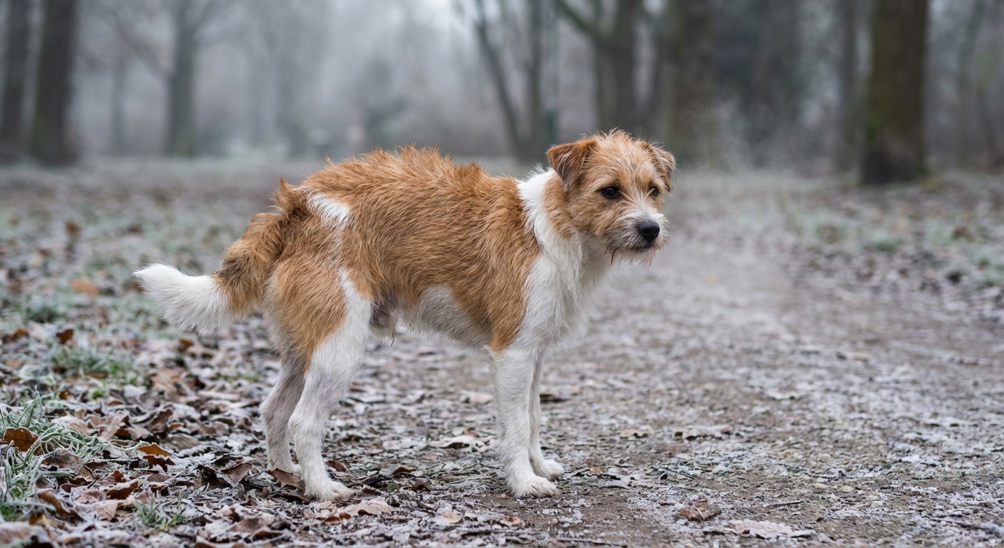 A short-haired small dog standing outdoors on a chilly day with slightly raised fur