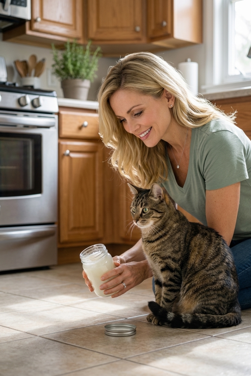 A short-haired tabby cat sitting calmly on a kitchen floor while an owner holds a small open jar of coconut oil nearby, natural window light, photorealistic candid pet photography