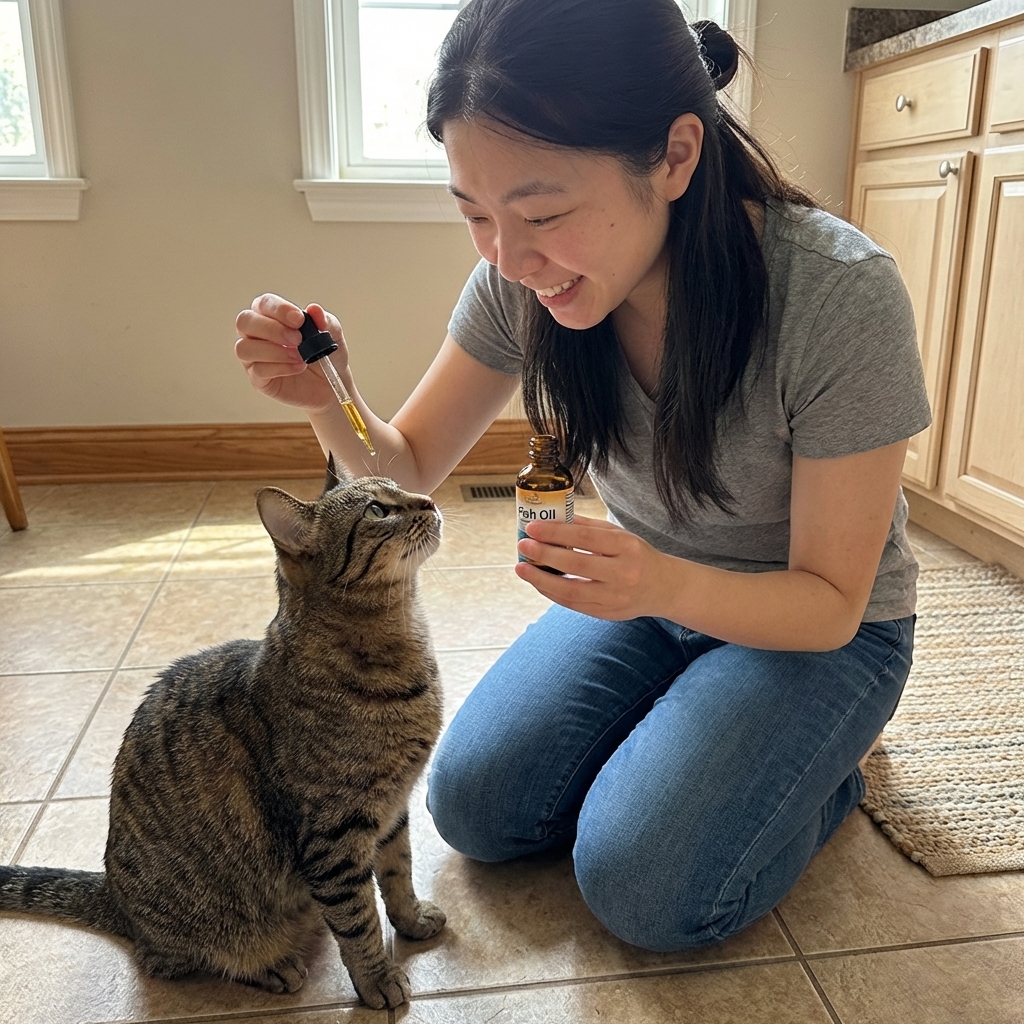 A short-haired tabby cat sitting on a kitchen floor while a person holds a small fish oil bottle and a dropper near the cat, natural indoor light, photorealistic
