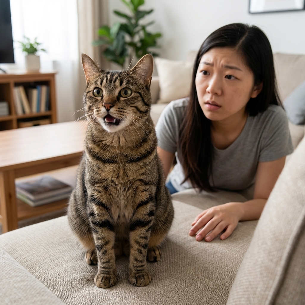 A short-haired tabby cat sitting upright on a couch with visible respiratory effort while an owner watches closely, realistic photography