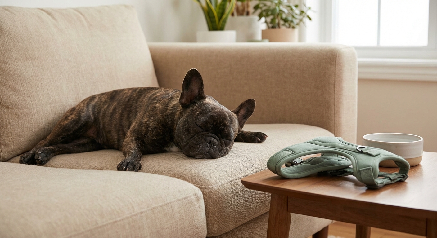 A short-nosed dog resting on a couch with a harness nearby, suggesting airway sensitivity and gentle handling