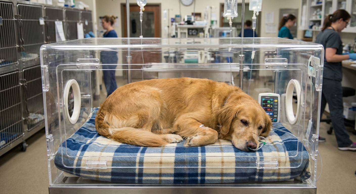A sick dog resting in a veterinary hospital oxygen cage with a soft blanket, clinical setting, realistic photo