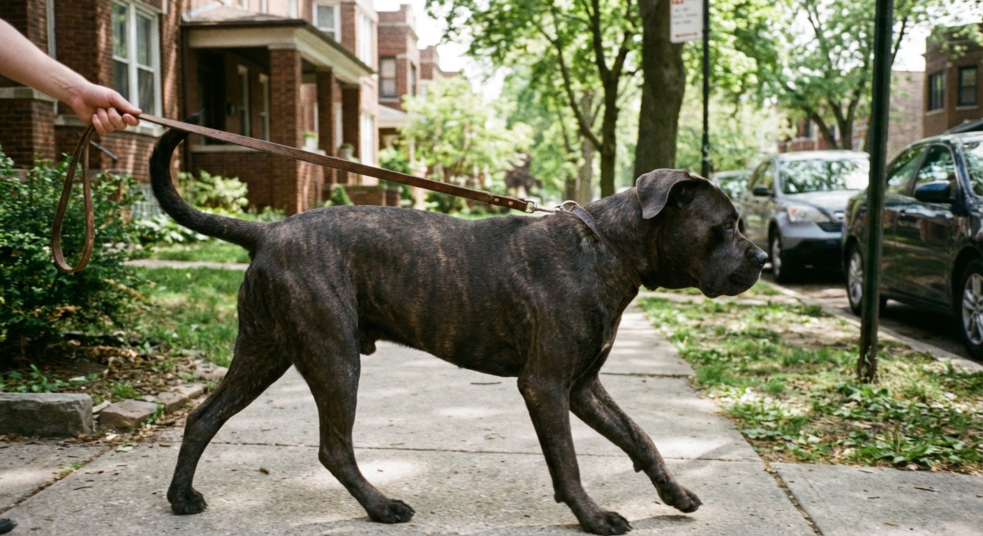 A side profile photograph of an adult Cane Corso walking on a leash on a neighborhood sidewalk showing an athletic build and tucked waist