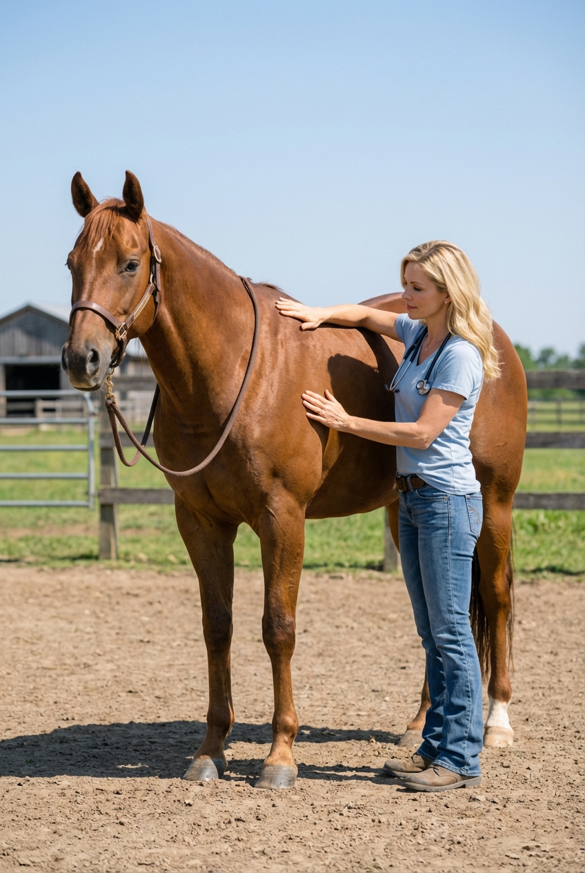 A side view photograph of a horse standing on level ground while a handler assesses body condition